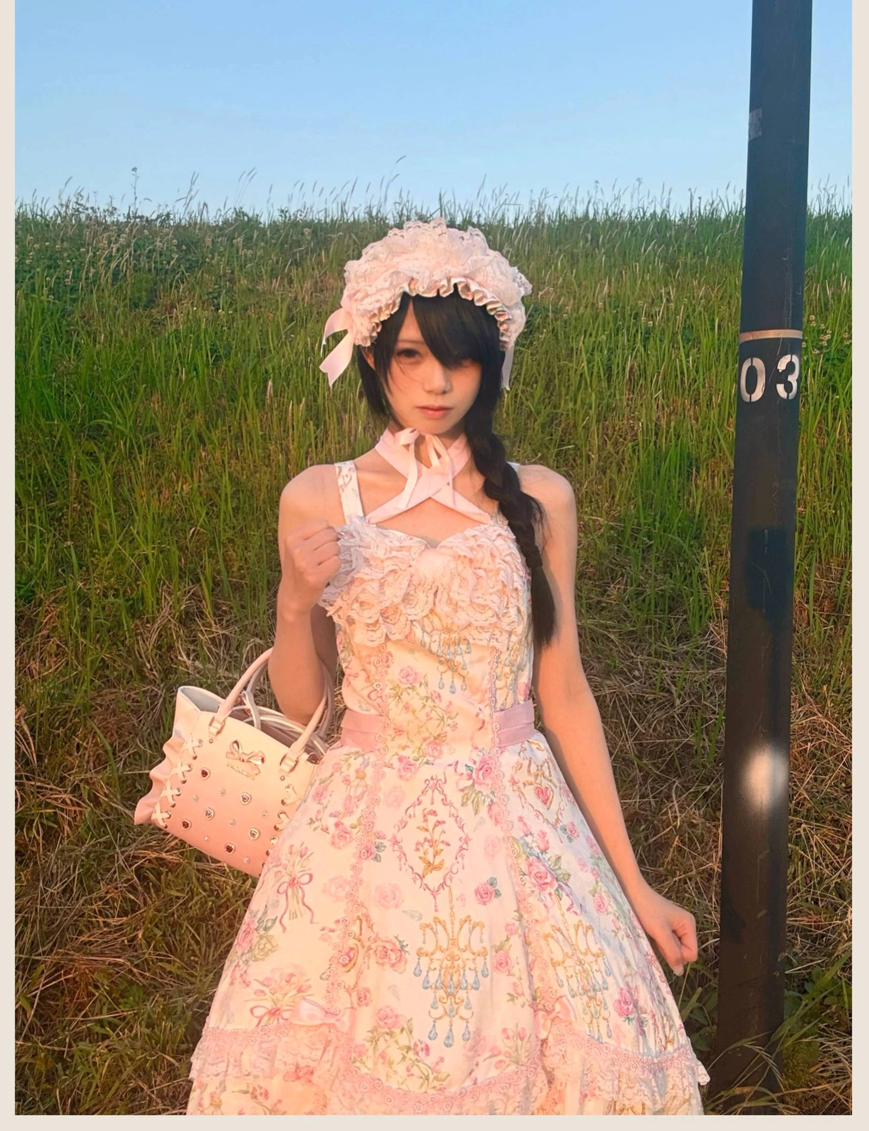 Floral old school Lolita JSK dress styled with casual organza petticoat for daytime garden party aesthetic effect