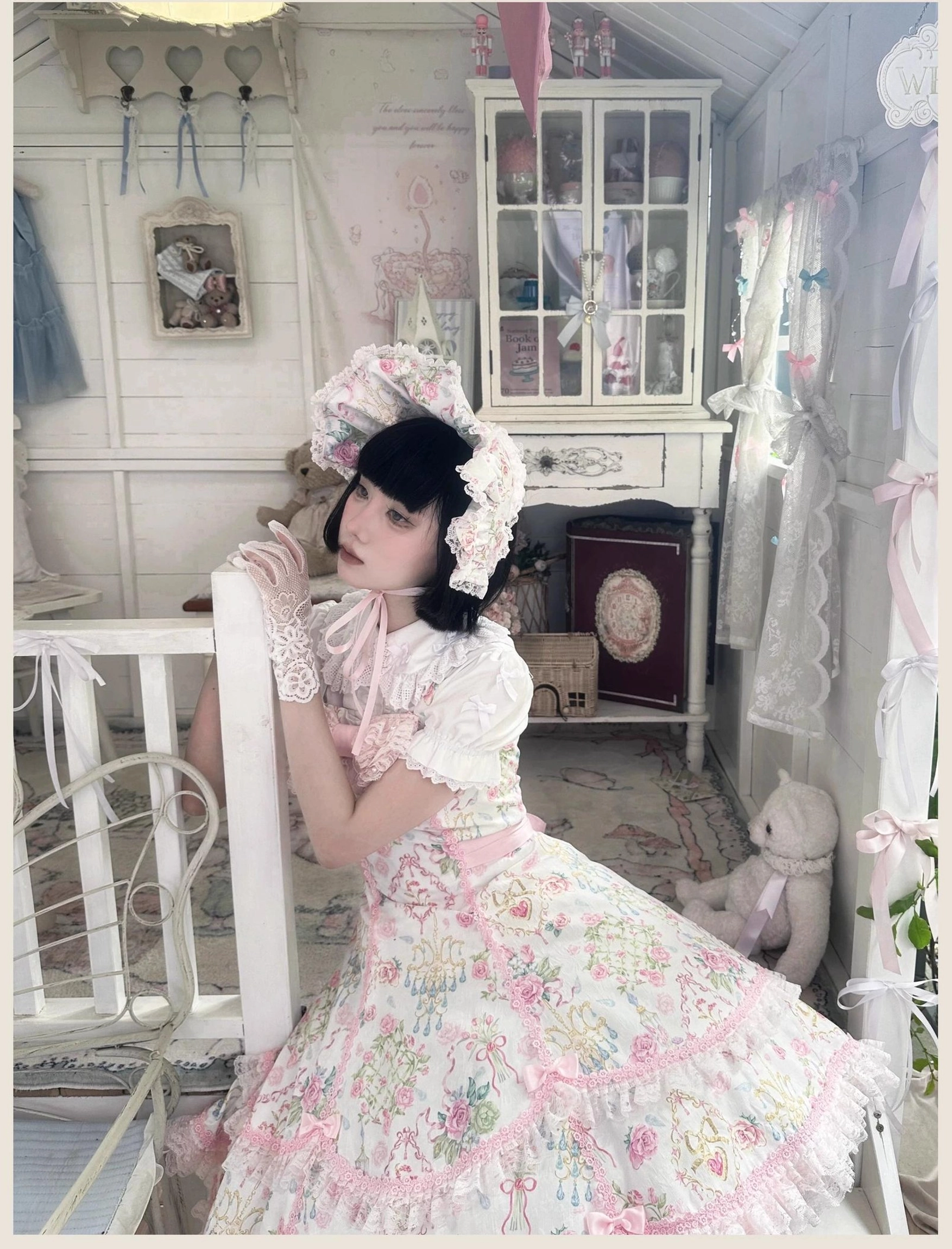 Floral old school Lolita JSK dress color separation showing separate washing of dark and light colored items
