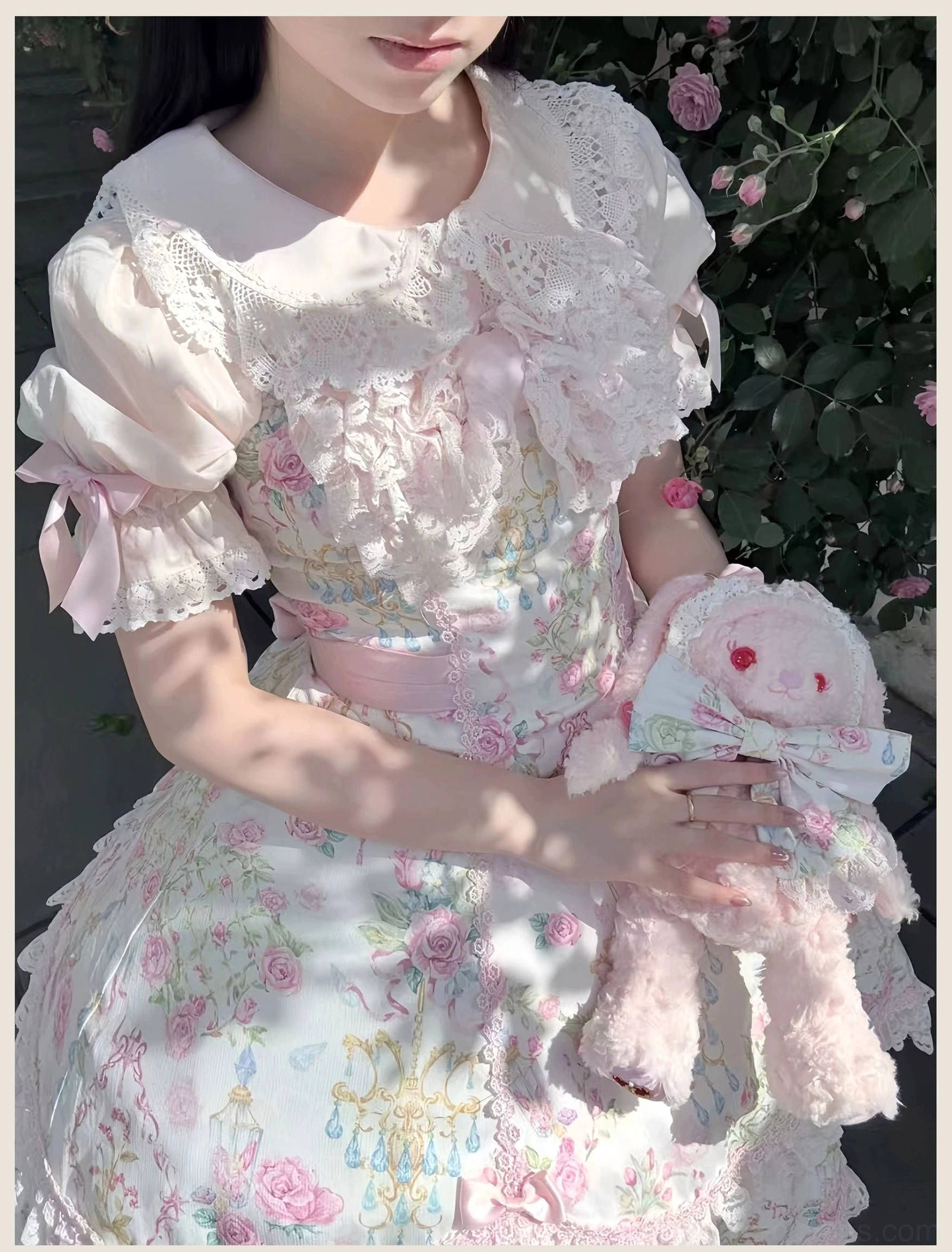 Floral old school Lolita JSK dress with matching accessories including bonnet and coordinated styling elements