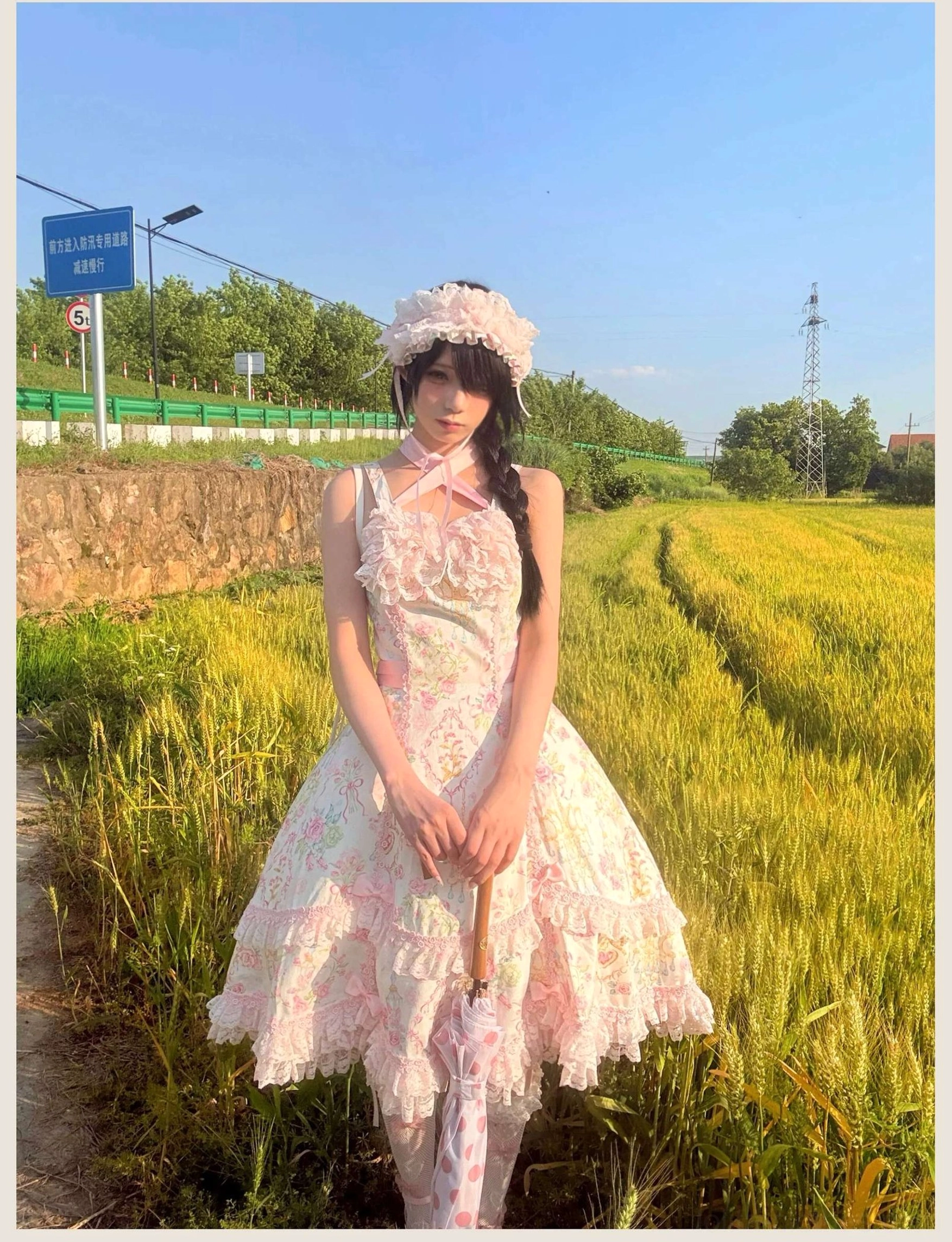 Floral Lolita JSK dress showing construction details including elastic bust measurements and shirred back fitting