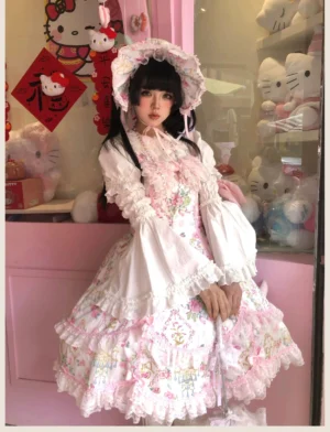 Old school Lolita floral print JSK dress with detachable puffed sleeves and matching headpiece on model with black hair in front pose