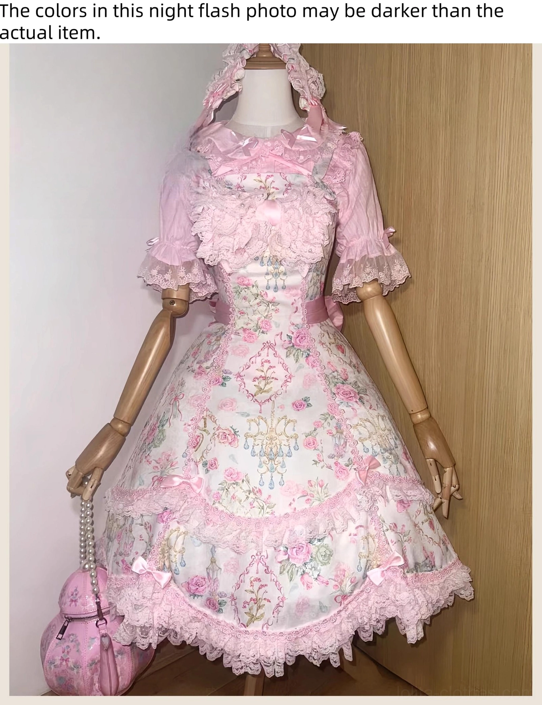 Floral Lolita JSK jumper skirt dress with lace trims and petal hem detail showing fabric texture and construction quality