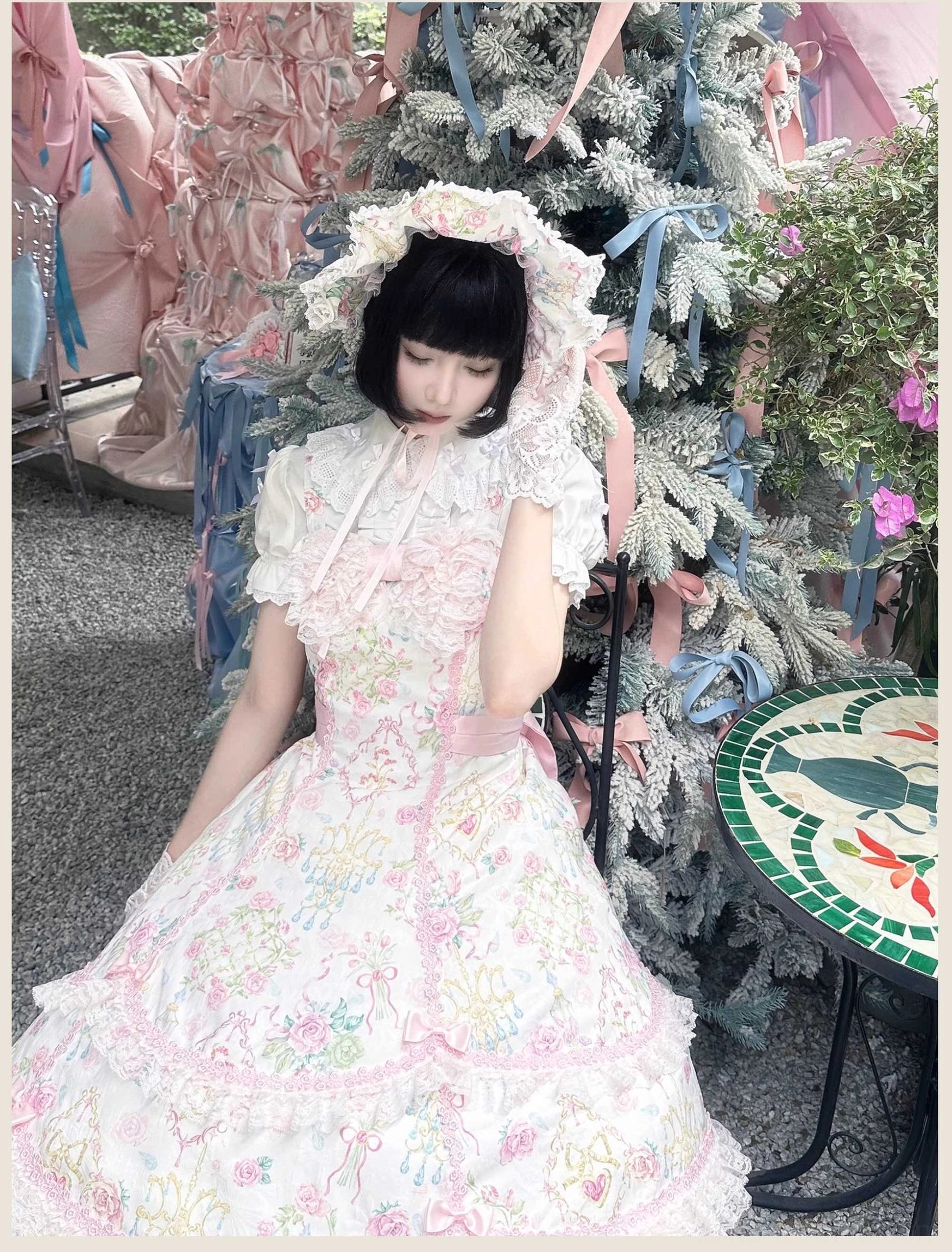 Floral old school Lolita JSK dress showing proper drying techniques with shade drying and avoiding direct sunlight