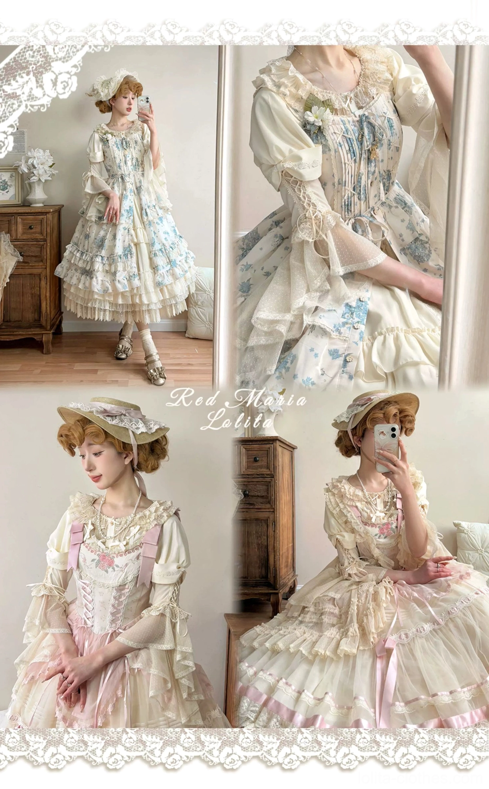 Floral print classic lolita dress with puffed sleeves, corset waist and ruffled trims in pastel florals, full-body model display from multiple angles