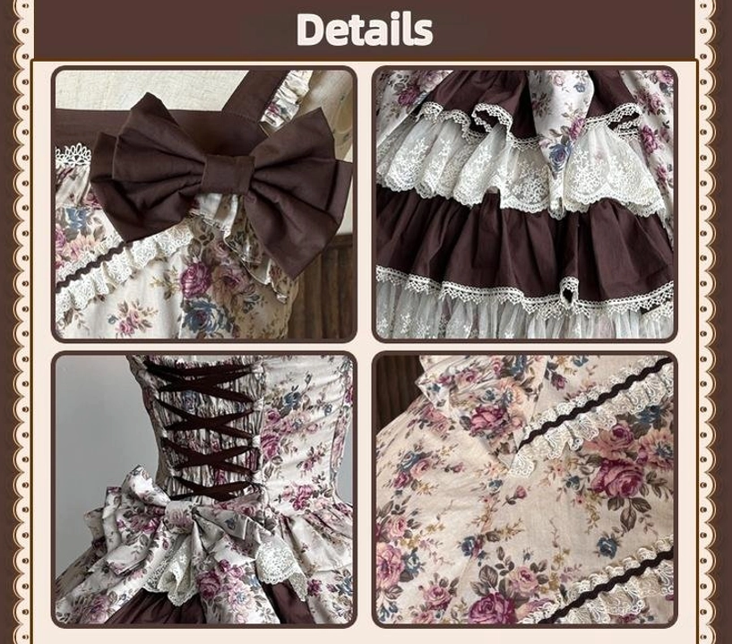 Floral Reverie Lolita JSK detailed close-up four-shot showing decorative front bow layered lace hem corset back lace trim details