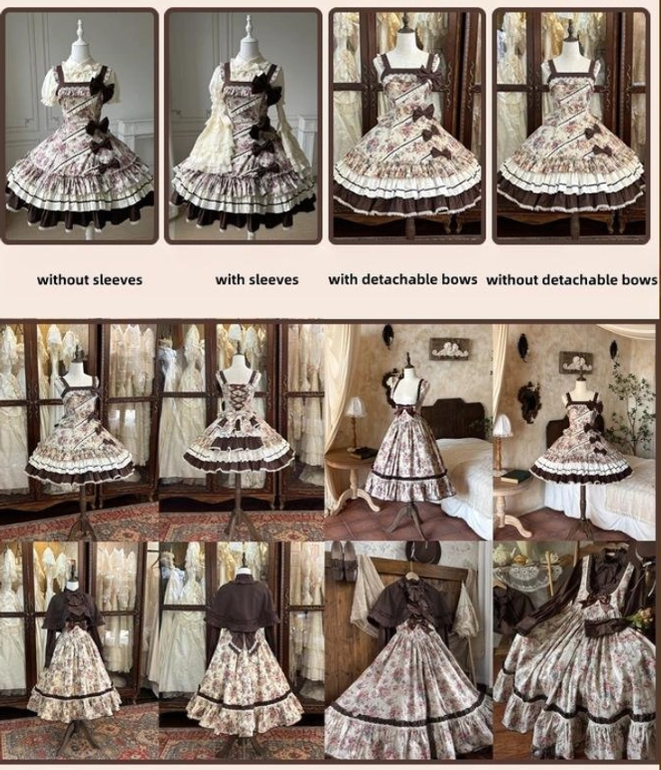 Floral Reverie Old School Lolita JSK variant styles flat lay mannequin display showing twelve product preview views sleeveless and sleeved options