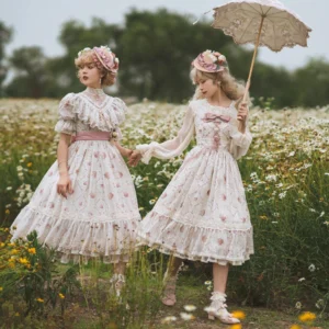 Floral Romance JSK Jumper Dress - Double-model wide-angle front view featuring two blonde lolita girls in wildflower meadow wearing matching pink floral print dresses with sheer long sleeves and lace sun umbrellas