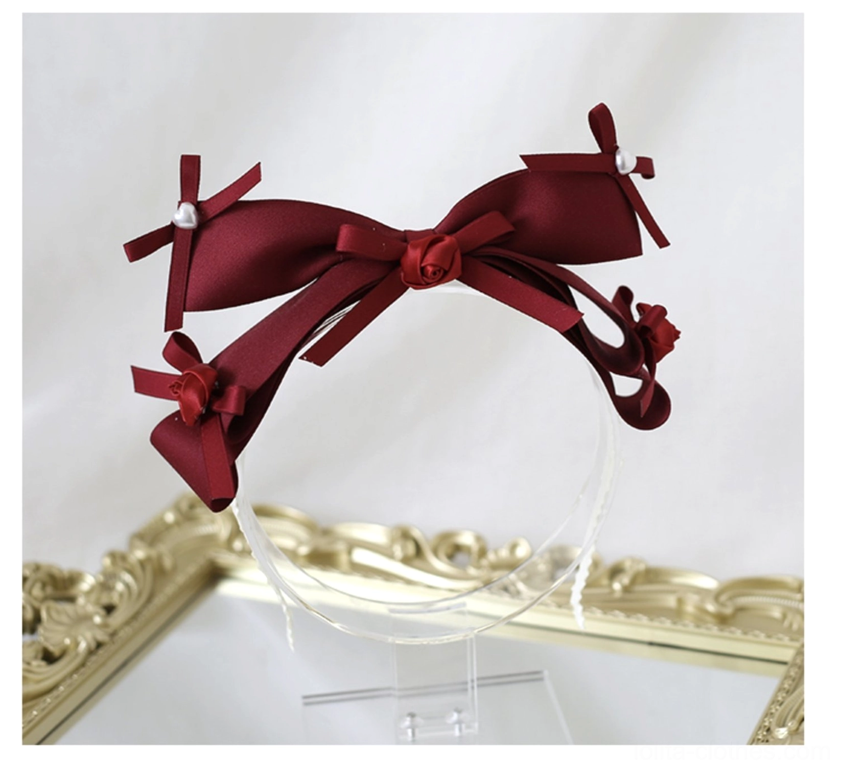 Flower bud lolita headband hand-folded fabric flowers combined with white lace and burgundy elements romantic garden-inspired aesthetic