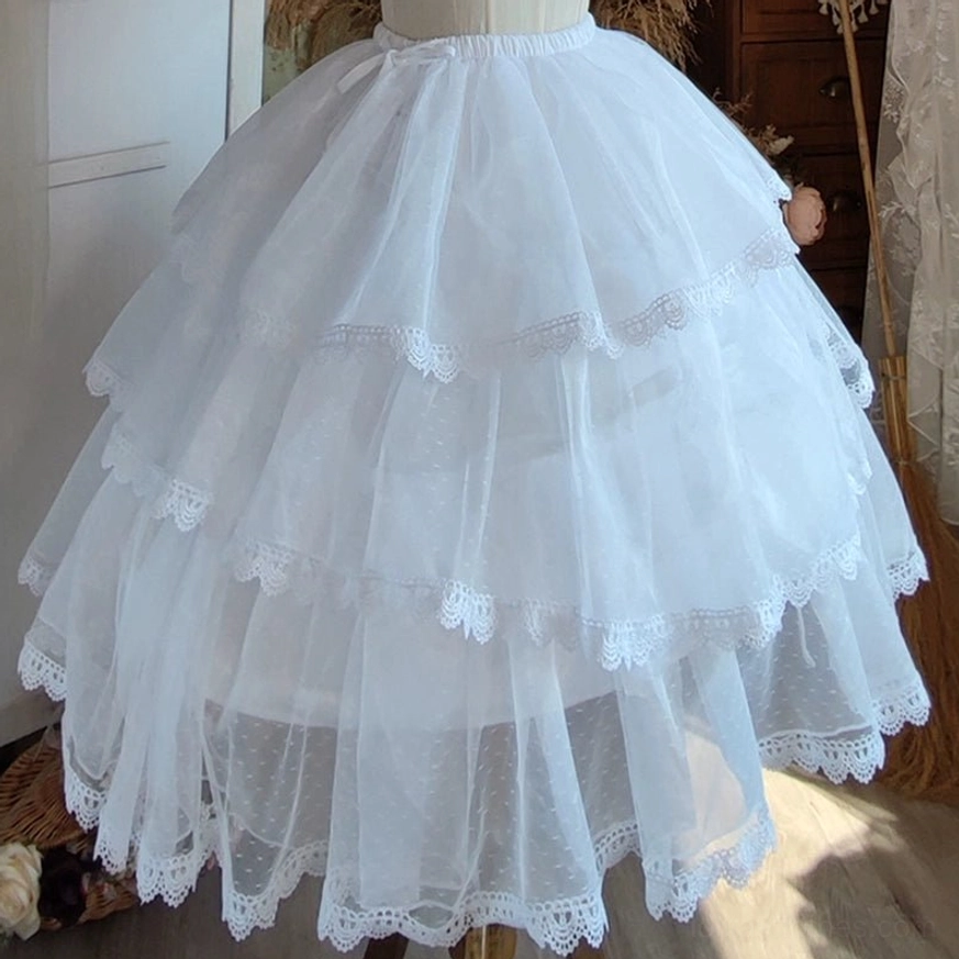 Close up fluffy lolita petticoat low angle full front multi layer ruffled tiers scalloped lace hem