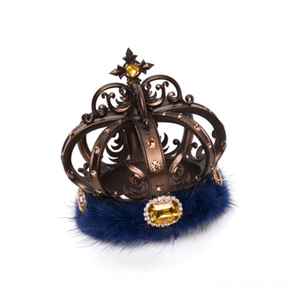 Fluffy trim royal lolita crown hair accessory with dark bronze carved metal crown inlaid yellow gemstone, dark blue plush fur base trim detail
