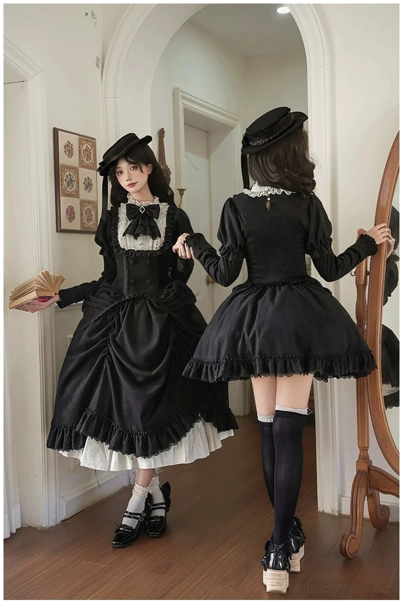 Full ensemble product layout displaying complete fog city time difference four-piece lolita set including blouse, long or short skirt options, bow tie, and boater hat on model