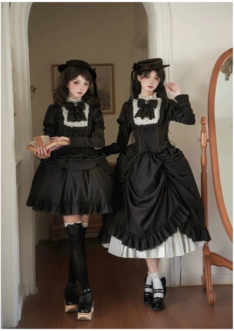 Full-body three-quarter side view of two female models in vintage hallway with full-length mirror, one wearing short SK set and the other wearing long SK matching lolita set, both accessorized with matching bow ties, boater hats, and thigh-high socks