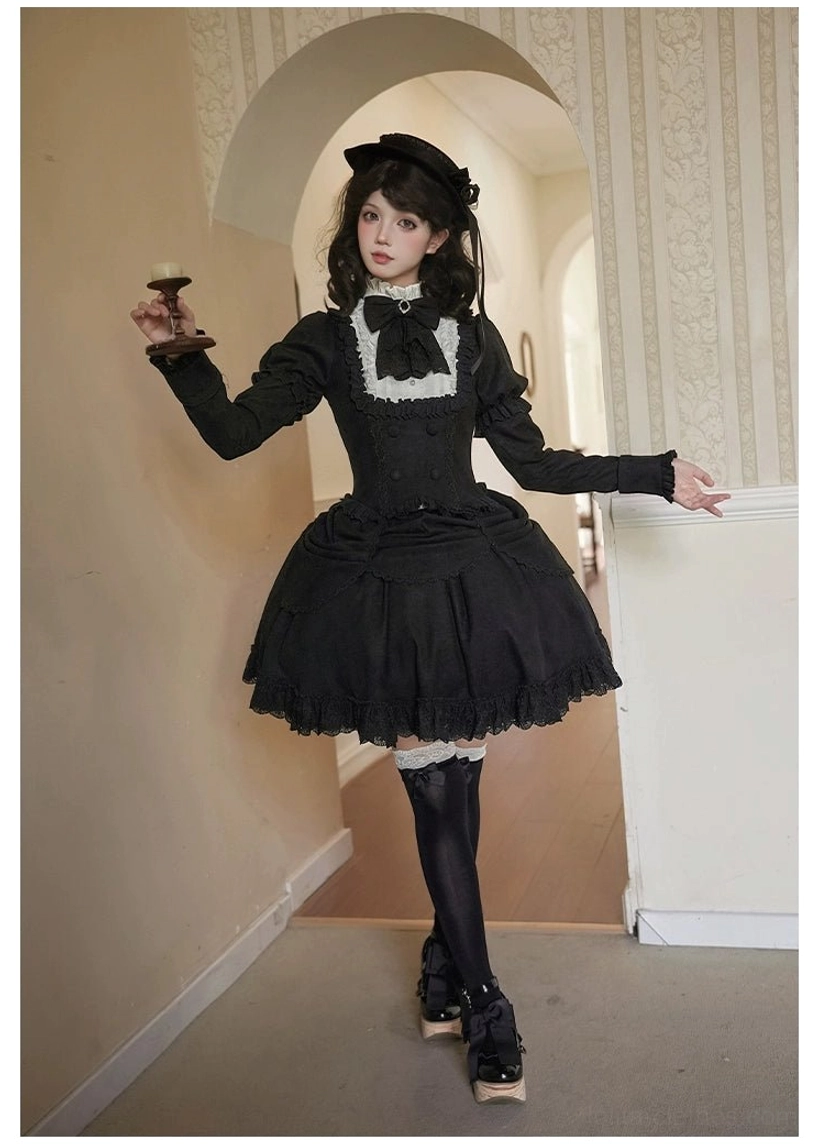 Model wearing complete fog city time difference lolita set styled with thigh-high black socks, platform mary jane shoes, showing full coordinated aesthetic from head to toe