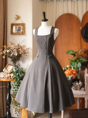 Foggy Forest charcoal grey classic lolita a-line jsk jumper skirt dress with side pockets front view mannequin display square neckline double-breasted buttons fitted waist flared midi skirt
