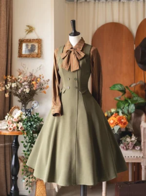 Foggy Forest olive green elegant lolita a-line jsk dress with coordinated brown striped long-sleeve blouse and beige bow necktie complete outfit set front view mannequin