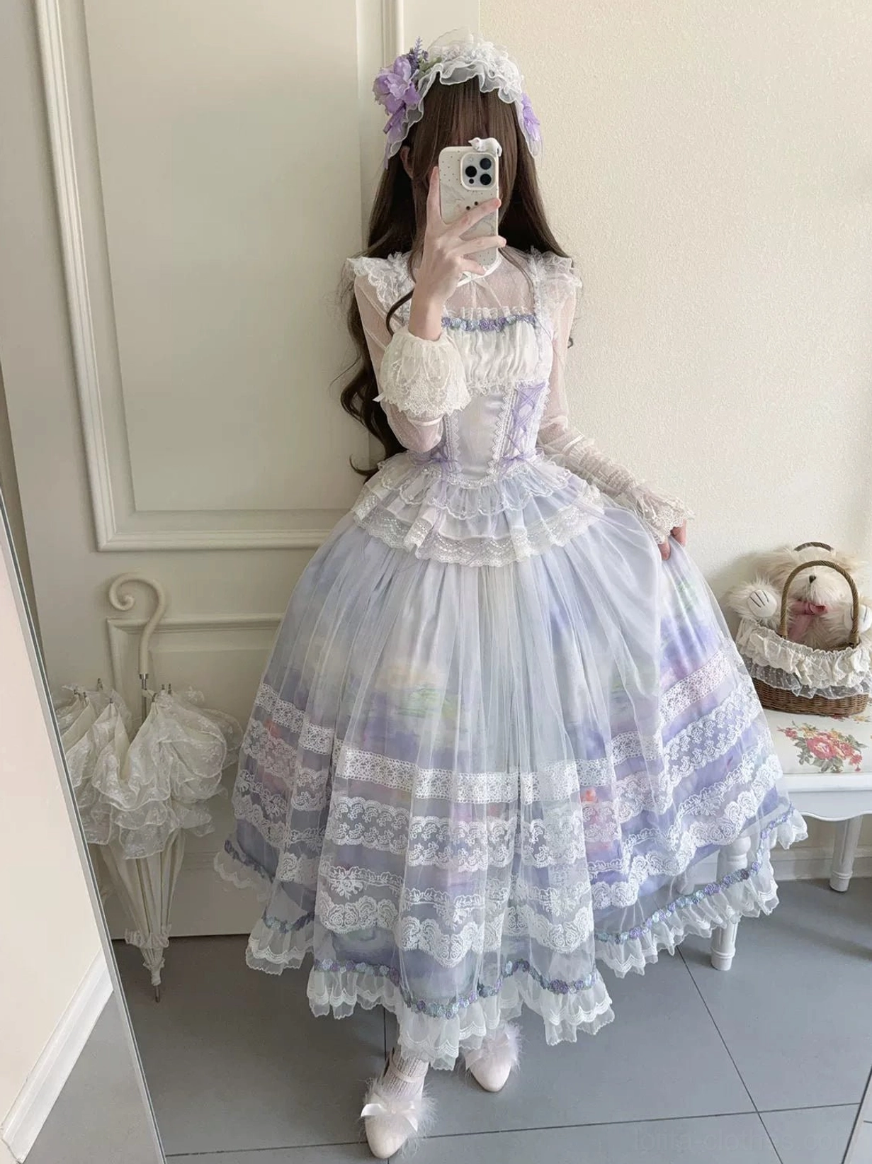 Classic lolita two-piece dress ensemble featuring open shoulder bodice, shirring back detail, elastic waistband, and sheer overlay maxi skirt hem trim