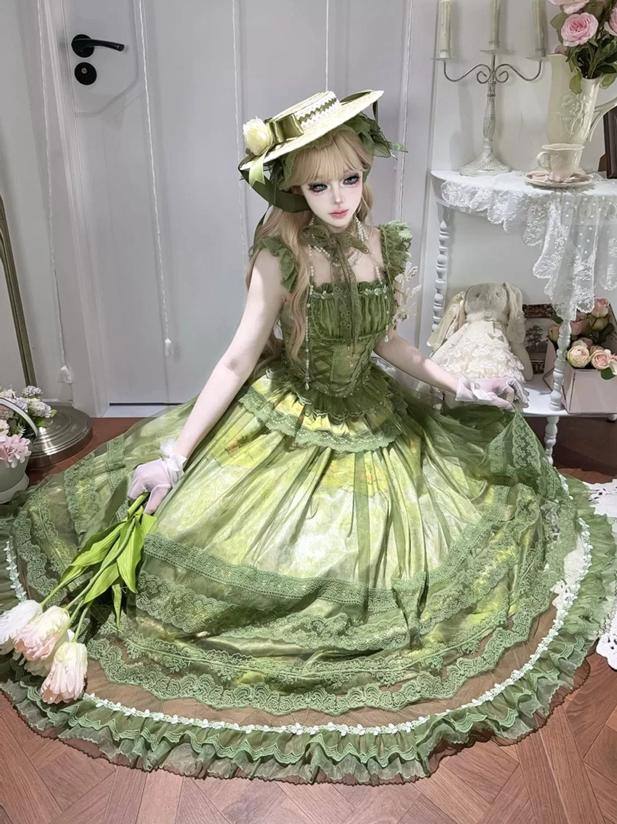 Foggy Vineyard classic lolita two-piece ensemble full length display showing boned bodice silhouette, elastic waistband skirt, and complete maxi hem design