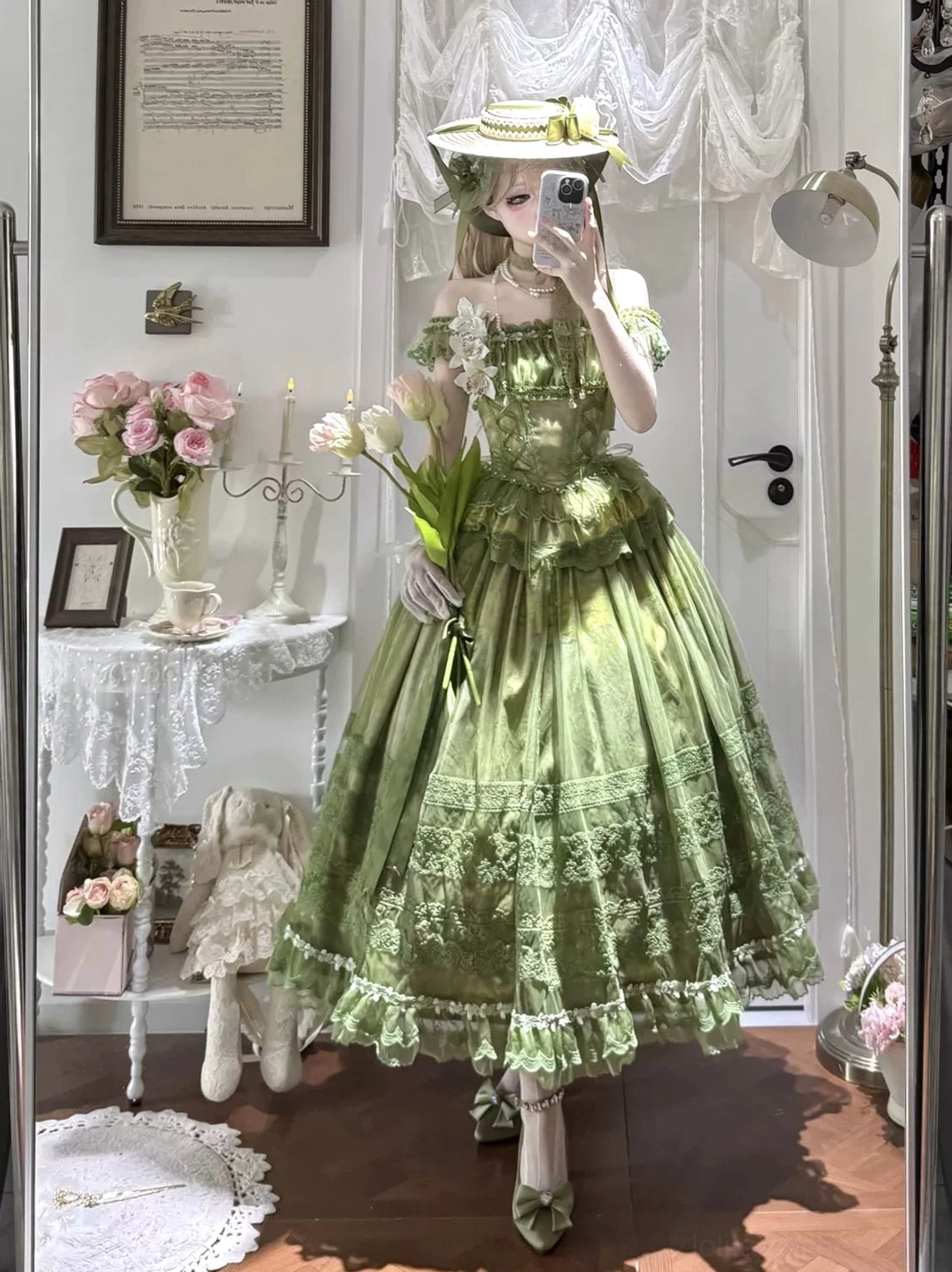 Foggy Vineyard lolita dress two-piece set back view showing shirring detail, fishbone support structure, and layered maxi skirt silhouette