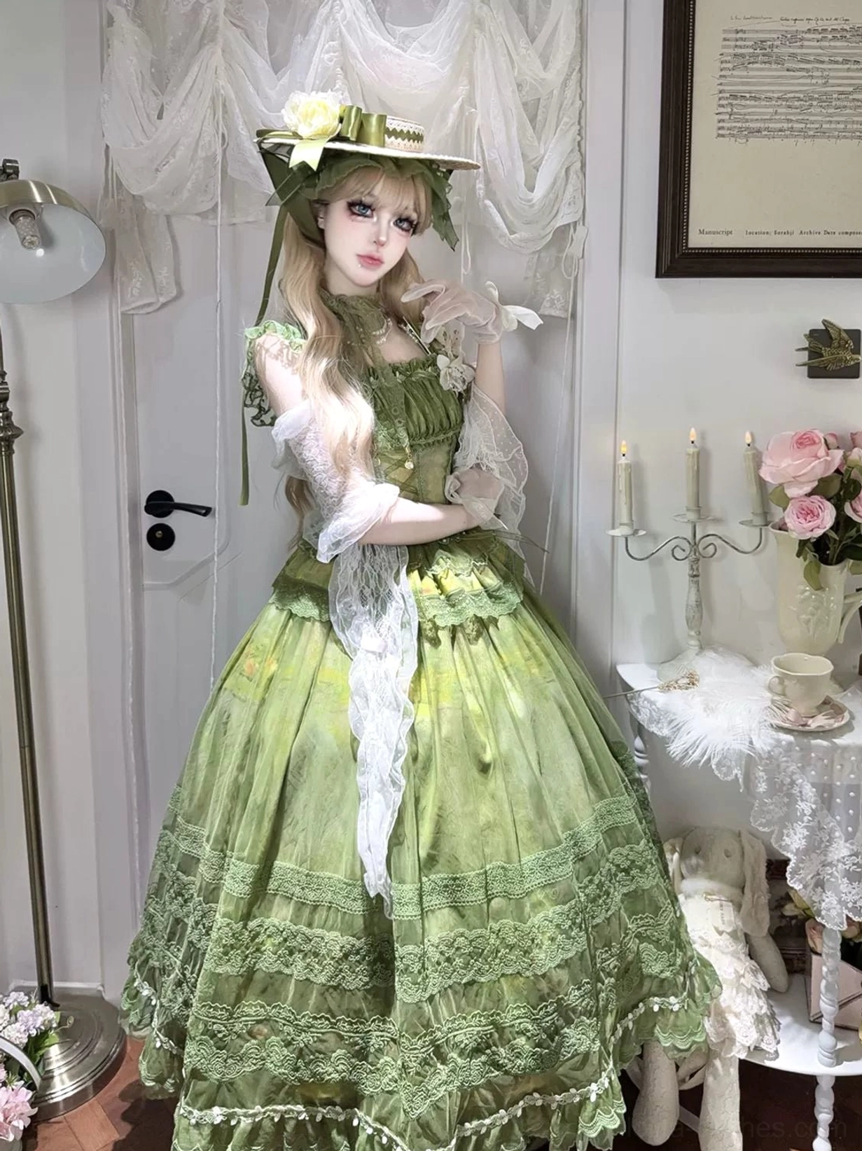 Foggy Vineyard classic lolita dress set styled coordinate showing fishbone bodice paired with hoop petticoat for voluminous silhouette and vintage accessories
