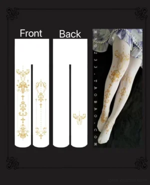 Foil printed lolita tights product display card showing front back design with retro border flat lay