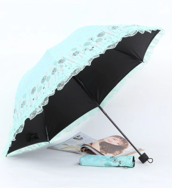 Foldable parasol in compact folded position with measuring reference, demonstrating portable size for travel and daily carry convenience