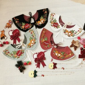 Forest fox lolita embroidered faux collar accessories collection flat lay overhead view showing multiple color variants beige persimmon red light grass green black peter pan collars with delicate embroidery