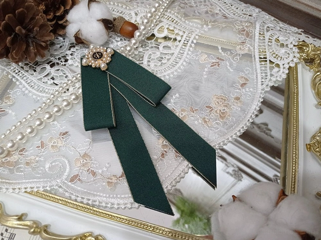 forest-green-lolita-bow-brooch-gold-edging-flower-shaped-pearl-bead-ornament-center-vintage-gilt-frame-pinecones-cotton-pearl-strings