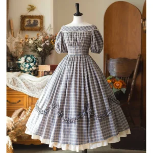 Forest Picnic Classic Lolita OP dress front view on mannequin with off-shoulder neckline plaid pattern and ruffled lace trim in vintage studio setting