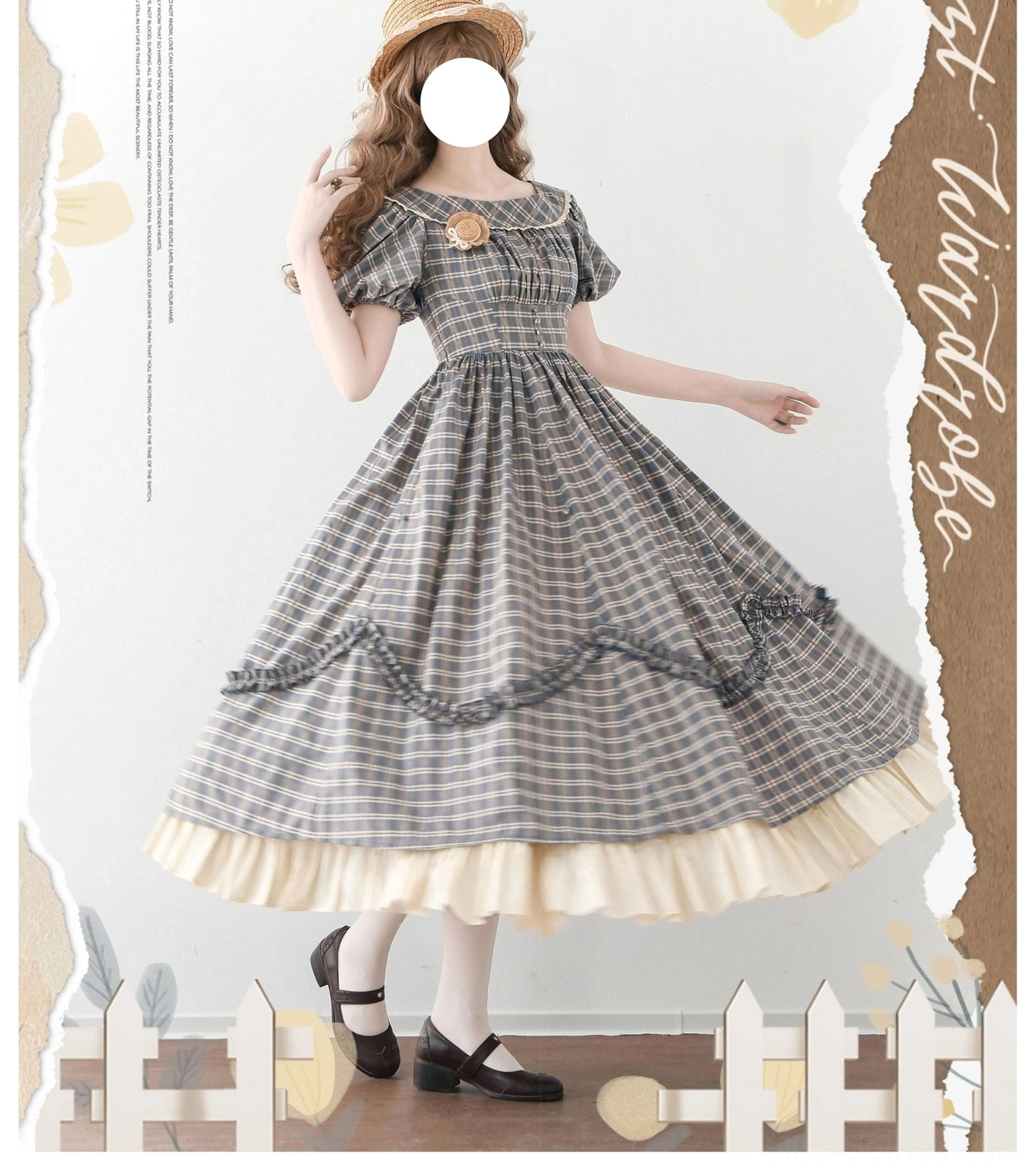 Off-shoulder plaid Lolita OP dress front three-quarter view on model wearing with straw boater hat and black Mary Jane shoes fabric brooch accent