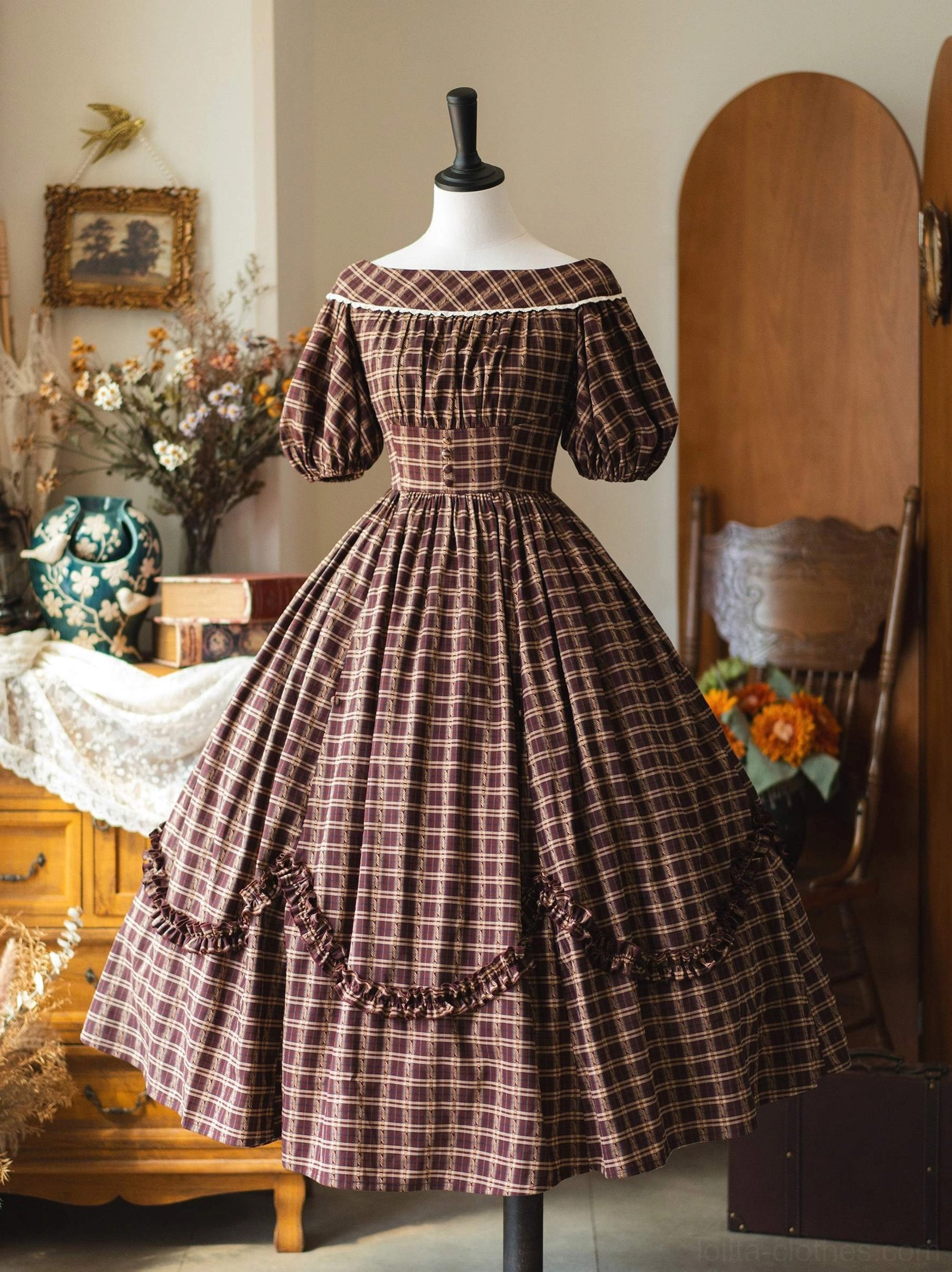 Dark brown plaid Classic Lolita OP dress without layered petticoat showing simplified silhouette with front ruffled skirt details
