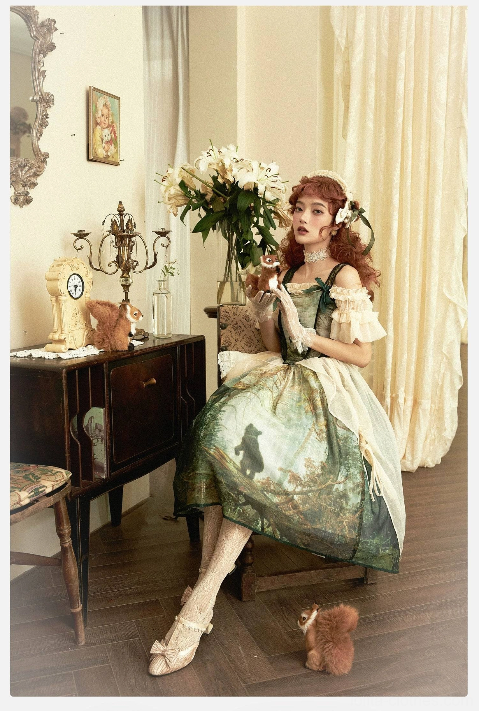 Forest print lolita dress seated medium shot low square neckline ruffled sleeves bear landscape print