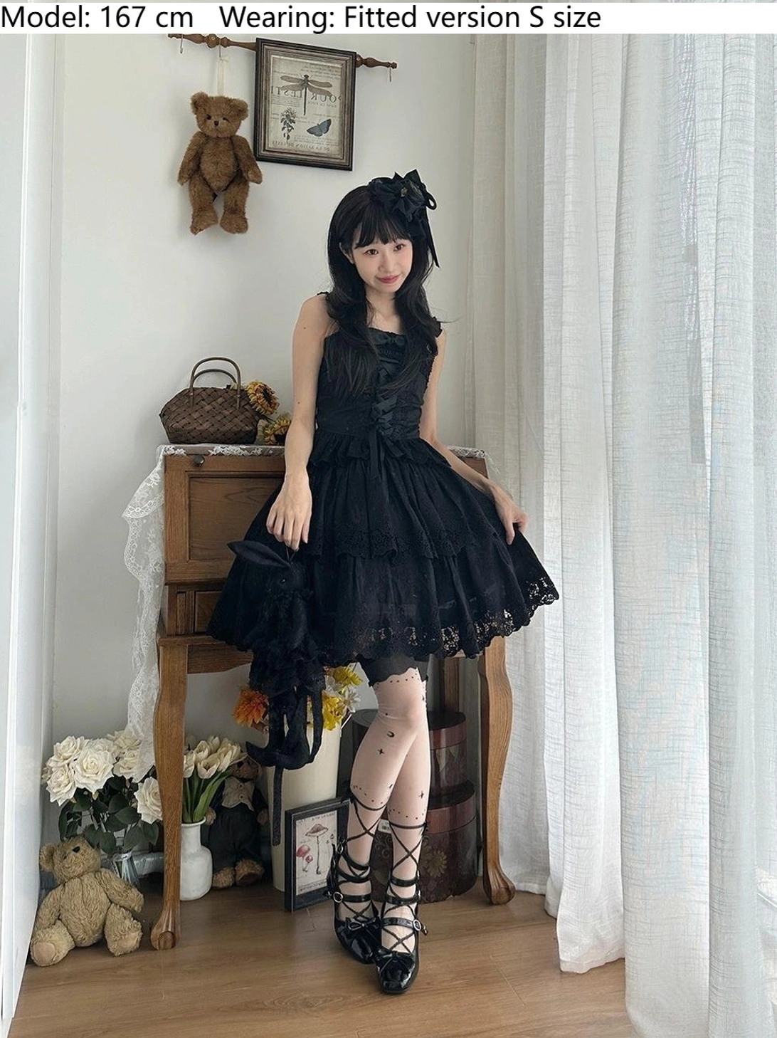 Forest Waltz black lolita camisole fitted version - gothic lolita aesthetic with structured silhouette, perfect for dark aesthetic coordinates and evening wear styling