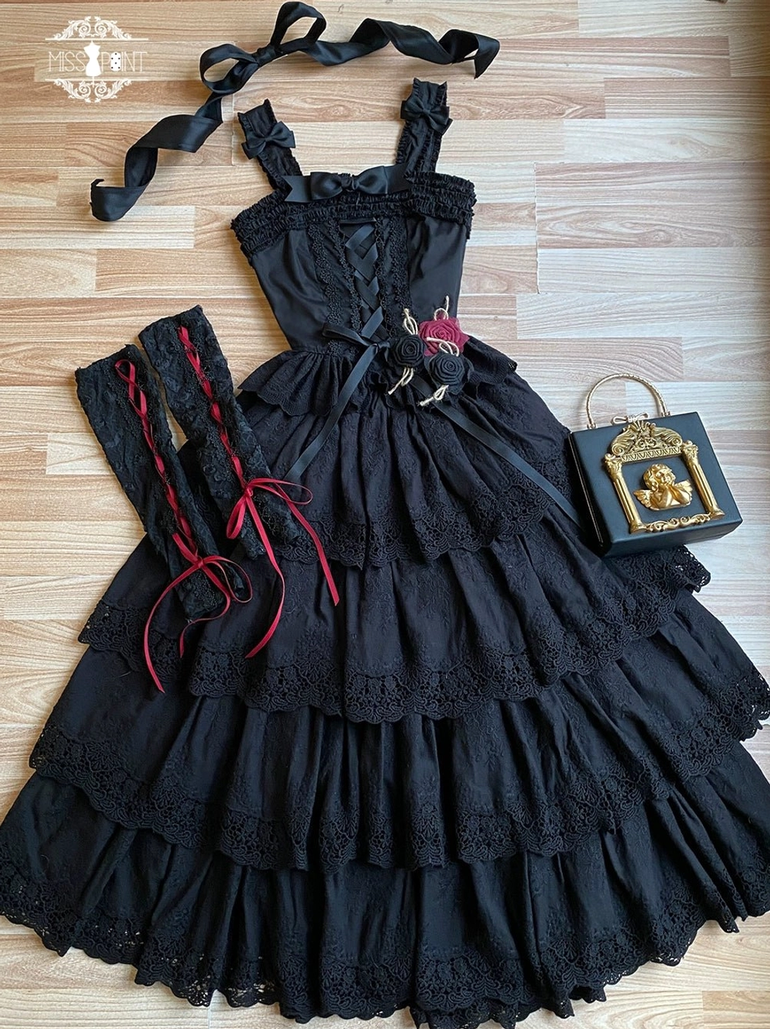 Forest Waltz black fitted lolita camisole with pleated gathering design - structured elegance with front lace detailing and adjustable drawstring for personalized fit