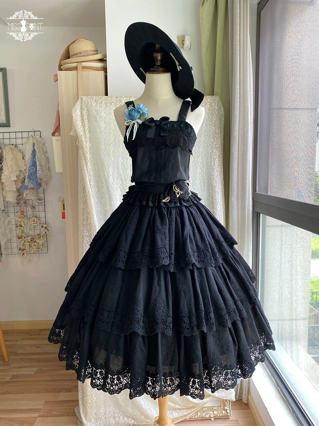 Forest Waltz black loose lolita camisole with decorative bow pin included - relaxed silhouette with double ruffle hem for comfortable yet elegant lolita fashion