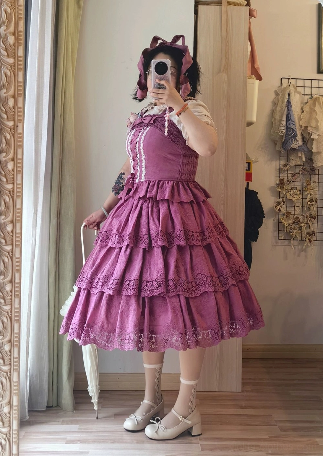 Forest Waltz fitted lolita camisole styled coordination example - classic lolita aesthetic pairing with tiered skirt, headdress, and vintage accessories ensemble