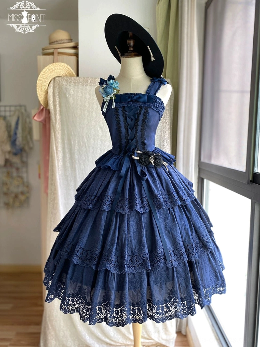 Forest Waltz navy fitted lolita camisole with complete accessories - three bow pins and alternative strap included for versatile coordination and styling customization