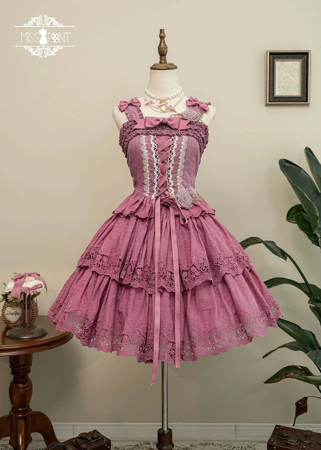 Forest Waltz plum fitted lolita camisole with three bow pins and matching strap - luxury coordinate piece in exclusive plum jacquard cotton with premium accessories