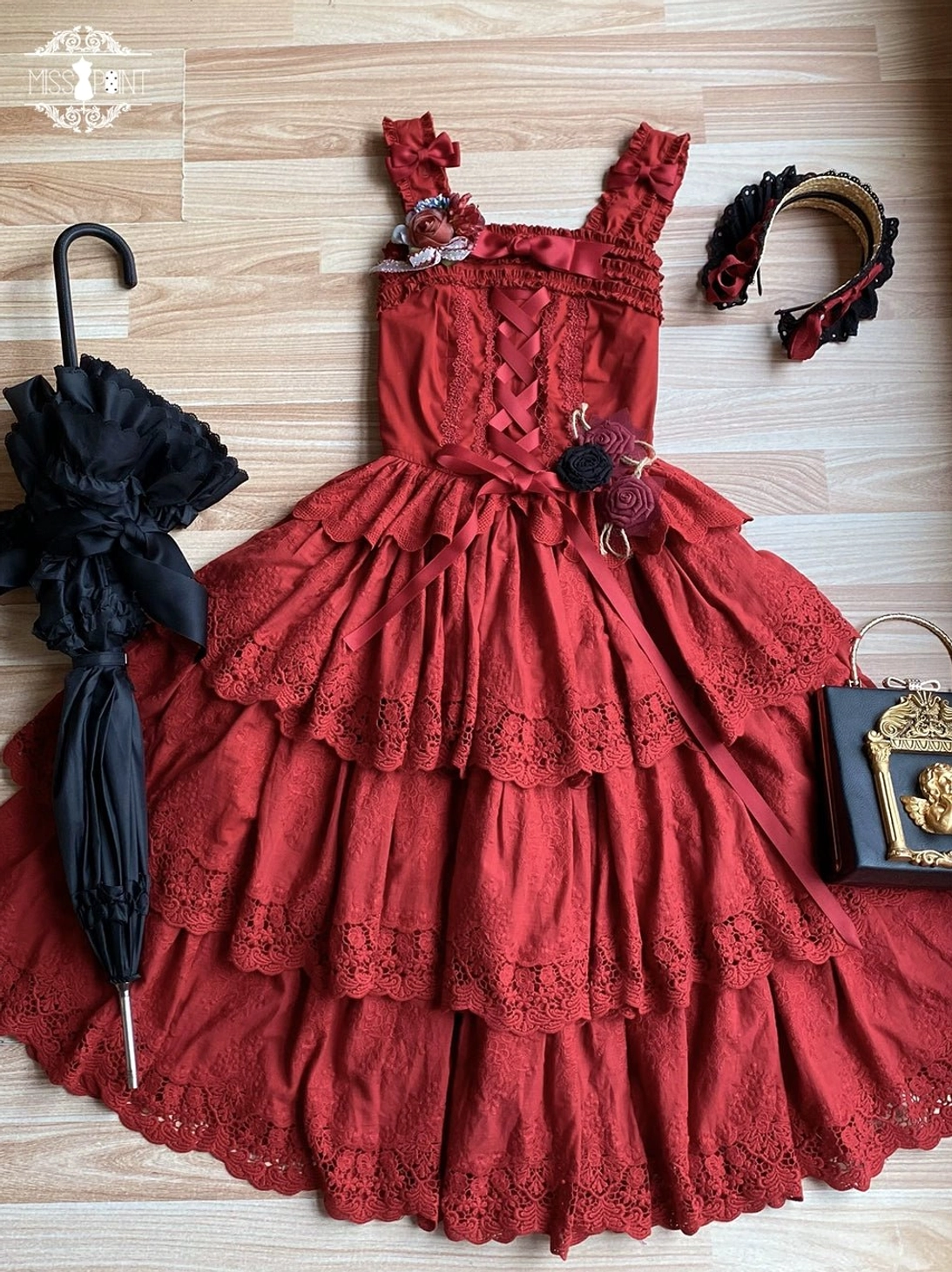 Forest Waltz wine red fitted lolita camisole with romantic details - front close-up showing bow positioning, lace-up design, and fabric flower waist decoration styling