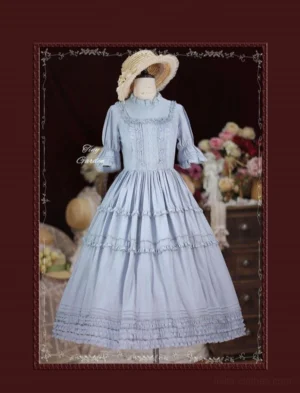 French elegance vintage lolita op dress sky blue full front view mannequin with stand collar ruffled tiered skirt short puff sleeves