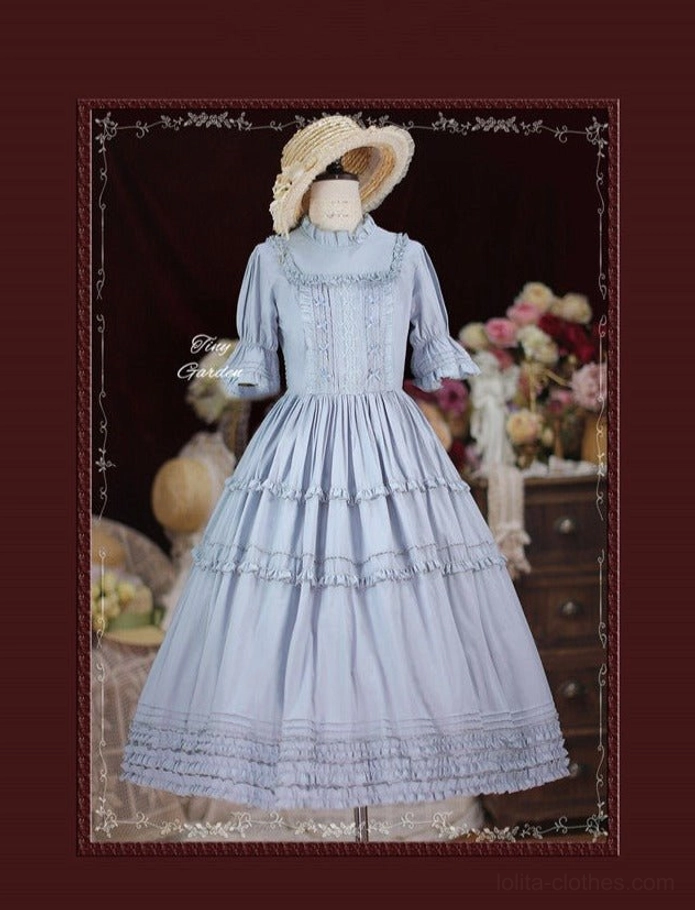 French elegance vintage lolita op dress sky blue full front view mannequin with stand collar ruffled tiered skirt short puff sleeves