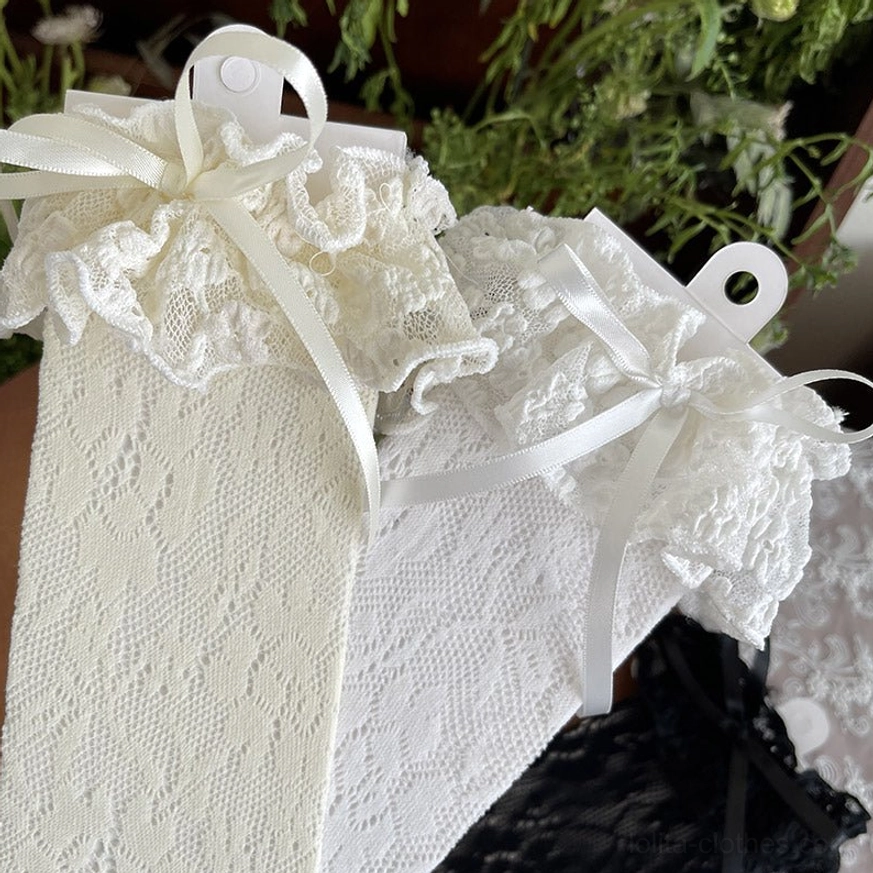 French Lolita mid-calf lace socks lifestyle styling showcase with ruffled lace details, satin bow accents, and multiple colorway options for sweet gothic and classic lolita coordinates