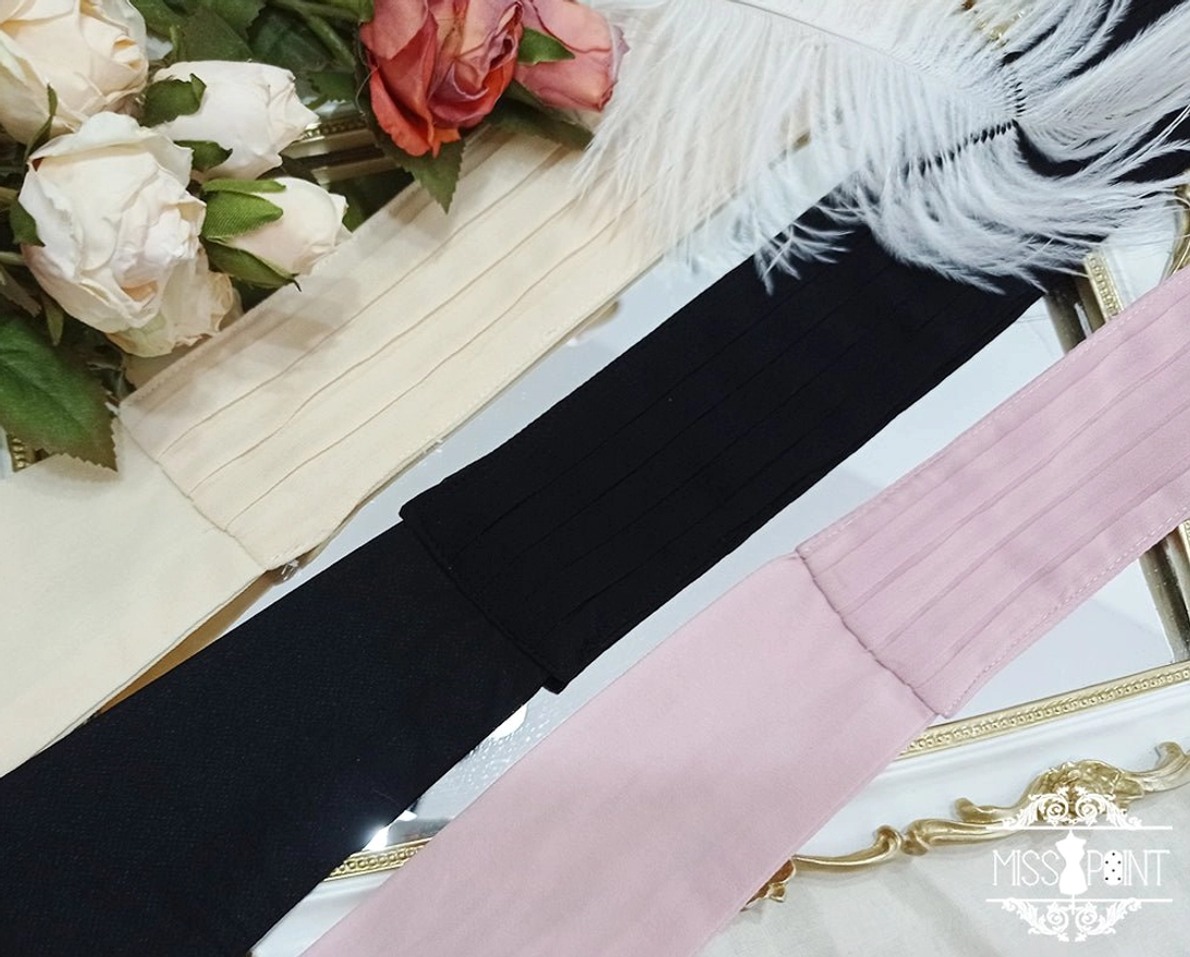 French Rose Lolita satin waist ties in black, beige, and dusty pink with pleated fabric and vintage floral styling