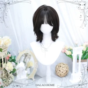 Black Tea French-style shoulder-length wavy Lolita synthetic wig with curtain bangs and layered waves, displayed frontally in romantic lolita-themed setting with flowers and vintage mirror, showing natural dark black color and realistic scalp design