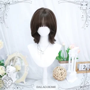 Cool Brown French-style shoulder-length wavy Lolita synthetic wig with curtain bangs and layered waves, frontal static display in romantic lolita aesthetic setup with flowers and vintage decorative ornaments, showing warm deep brown color variant