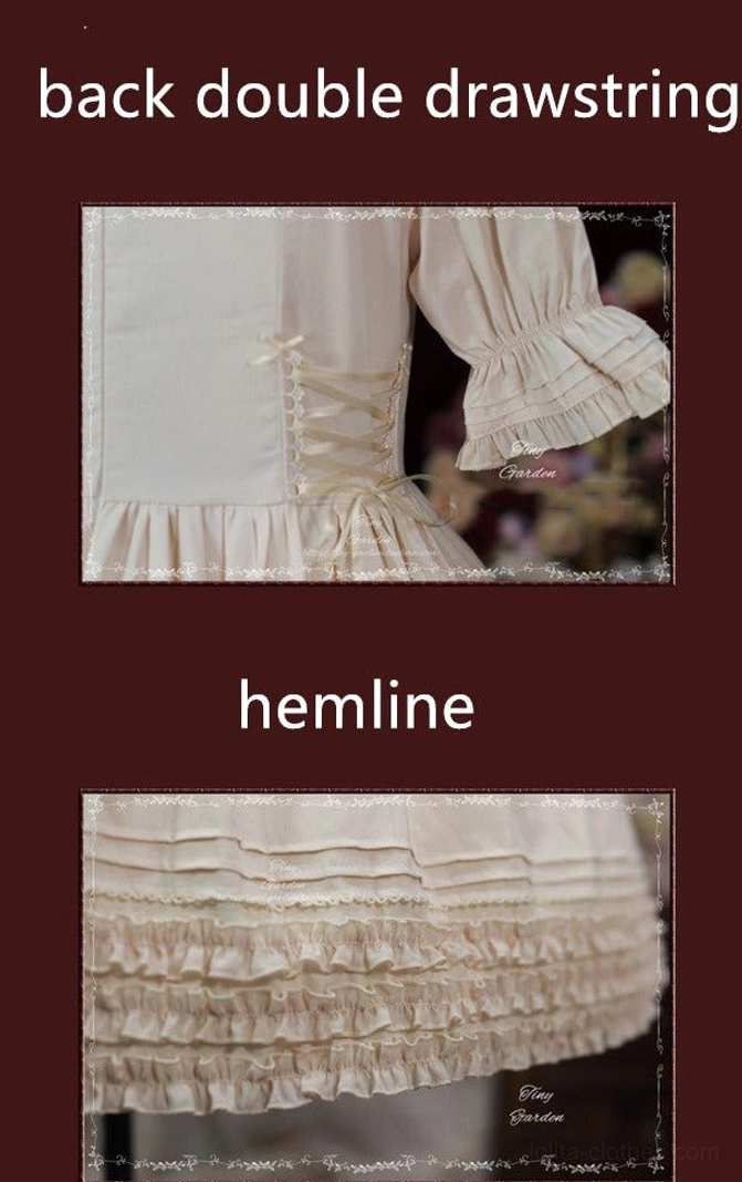 French vintage lolita dress with adjustable back corset lacing drawstring functional side pockets and complete ruffled silhouette profile