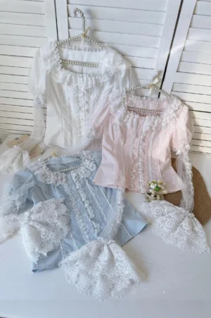 Three color options frosted starlight lolita blouse white pink light blue with detachable lace sleeves flat lay