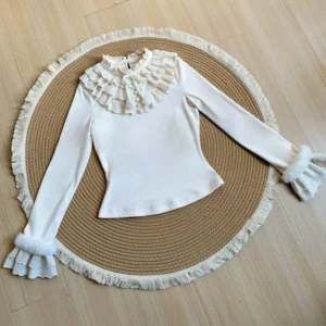 Off-white Frostfall lolita winter long sleeve top flat lay layered lace stand collar fluffy trim cuffs