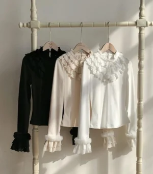 Frostfall winter sweet lolita inner wear collection three color variants white beige black hanging display vintage clothing rack