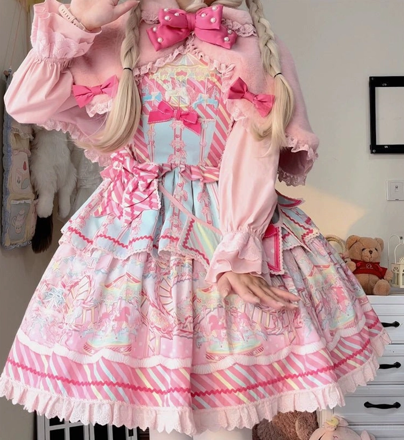 Full length white plush Lolita cape with decorative bows and rabbit ears winter coordinate flat