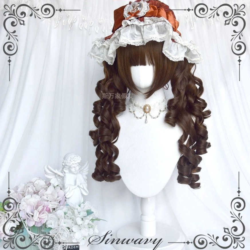 Complete Old School Lolita Roman curl wig set front view with dark brown bangs and long side Roman curls, styled with red-brown lace bonnet and pearl pendant necklace